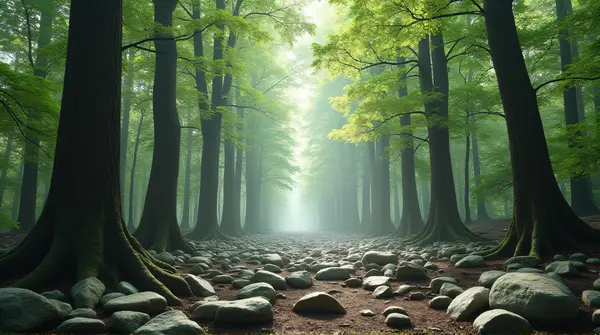Jagged Stones Beneath Slender Tree Canopy