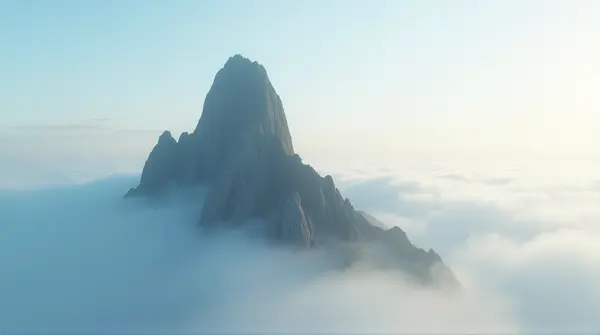 Sharp rocky peak standing tall beneath a pale sky with soft sunlight and wispy clouds