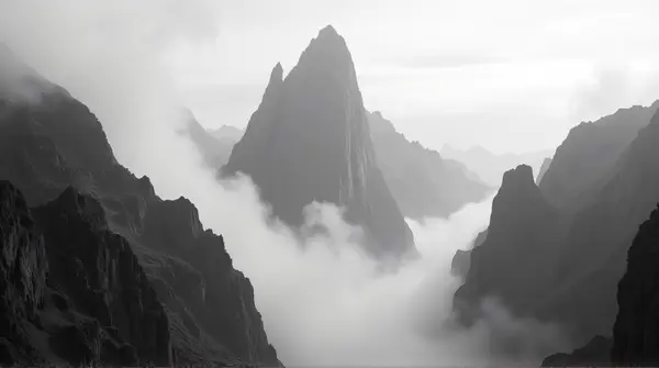 Monochrome panoramic view of a jagged summit framed by swirling mist and textured cliffs with shadowed crevices.