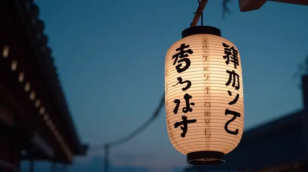 Cylindrical black and white kanji lantern hanging against a twilight sky showing calligraphic details