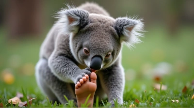 Koala Sniffing Human Foot On Grass With Leaves