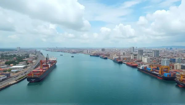 Lagos Harbor Aerial View Cargo Ships Colorful Buildings