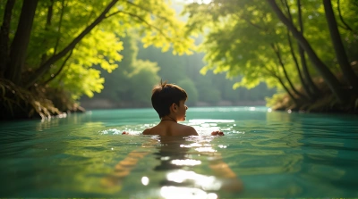 Lake Immersion Surrounded by Vibrant Foliage and Sunlight