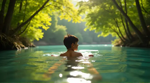Lake Immersion Surrounded by Vibrant Foliage and Sunlight