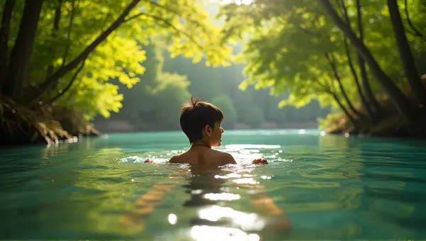 Lake Immersion Surrounded by Vibrant Foliage and Sunlight