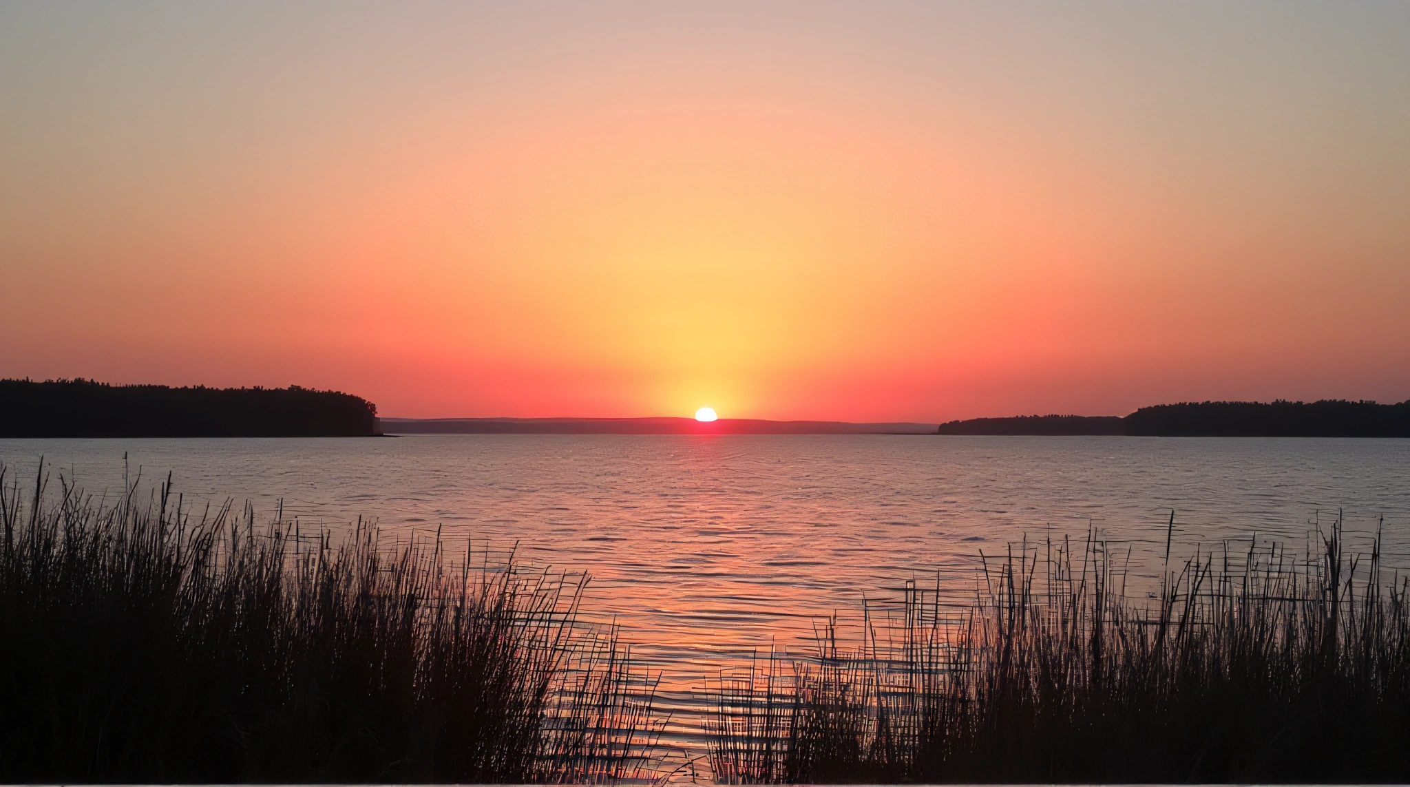 Lake Landscape With Colorful Sky And Silhouetted Reeds
