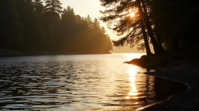 Lake Shore Trees With Amber Light Shadows