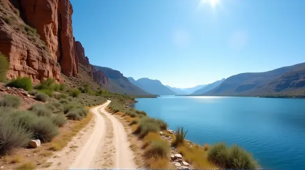 Lakeside Pathway Beside Rocky Escarpment In Daylight