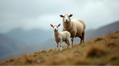 Lamb and Sheep on Textured Hillside Under Cloudy Sky
