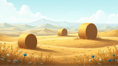 Large Haystacks In Rolling Landscape With Wildflowers