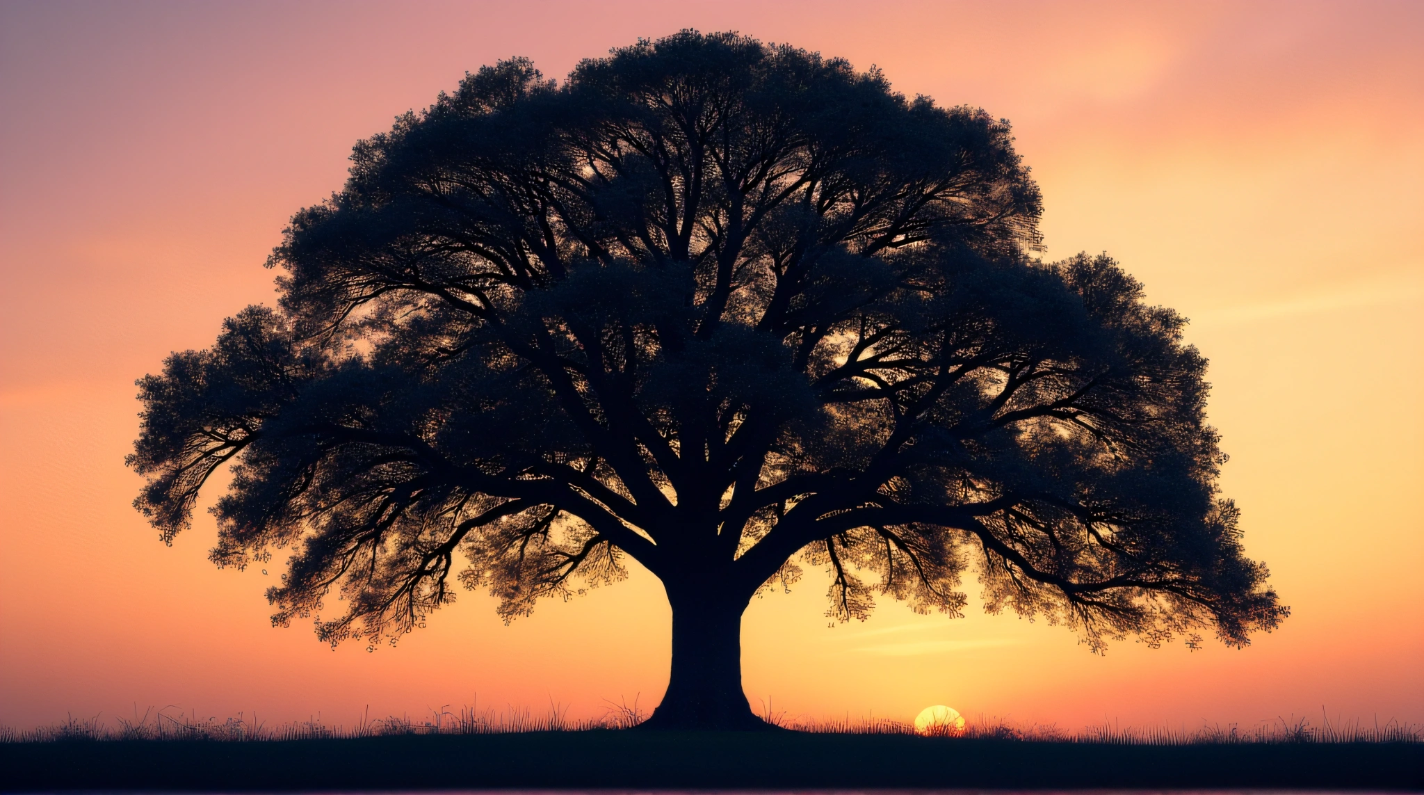 Large Oak Tree Silhouette Against Gradient Sky
