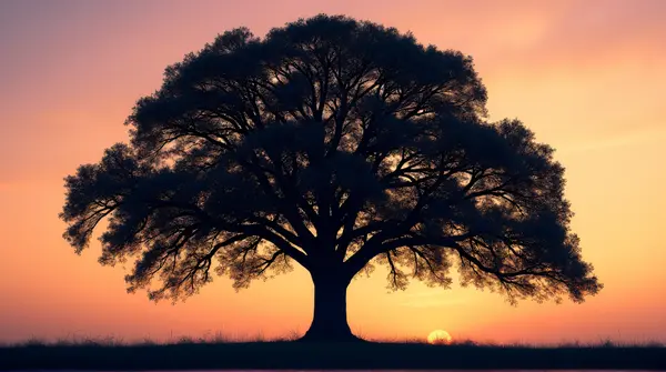 Large Oak Tree Silhouette Against Gradient Sky