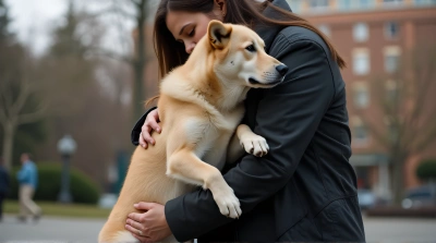 Large Pale Dog Embraced In Urban Park