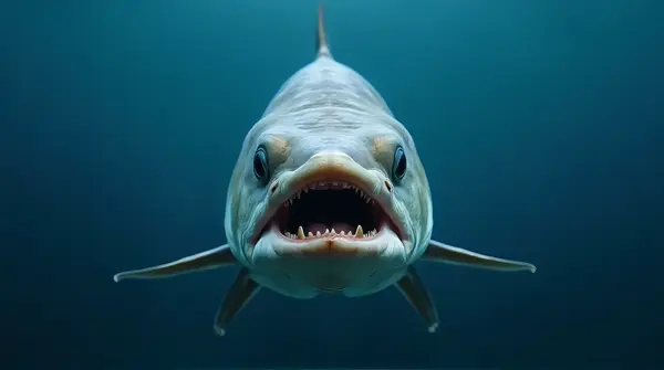 Frontal view of a large predatory fish with sharp teeth against a deep blue aquatic background