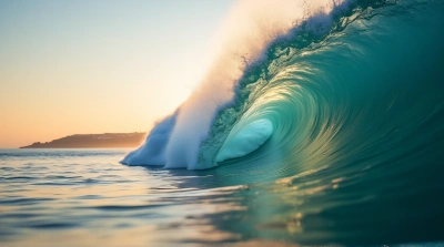 Large Sea Swell Cresting Under Clear Sky