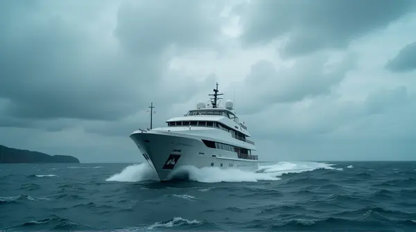 A large vessel with silver hull moves through choppy waves near a distant shore under a dim, overcast sky.