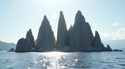 Large Stone Pillars Rising From Shimmering Lake