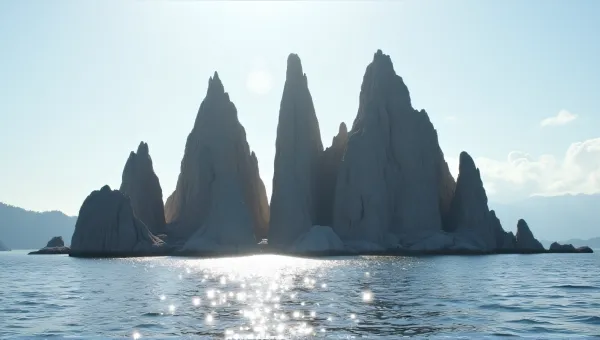 Large Stone Pillars Rising From Shimmering Lake
