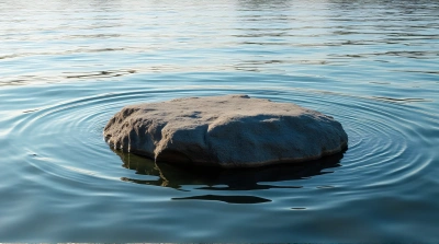 Large Stone Rising From Rippling Lake Surface
