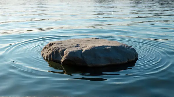 A large stone emerging from the center of a gently rippling lake with soft light and shadows.