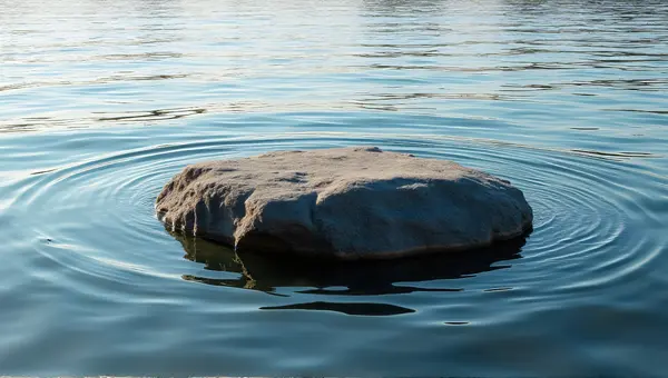 Large Stone Rising From Rippling Lake Surface