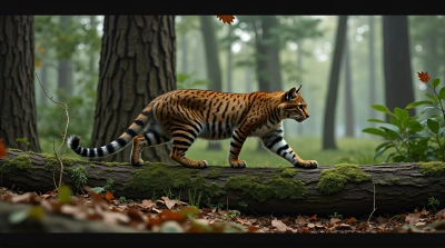 Large Striped Cat Near Mossy Log In Woods