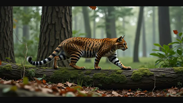 Large Striped Cat Near Mossy Log In Woods
