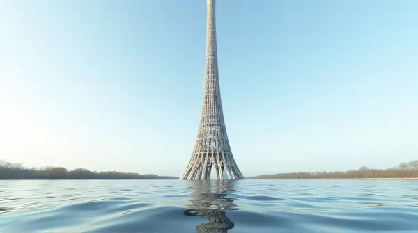 Slender lattice structure reflected on the rippling surface of a lake under a clear sky