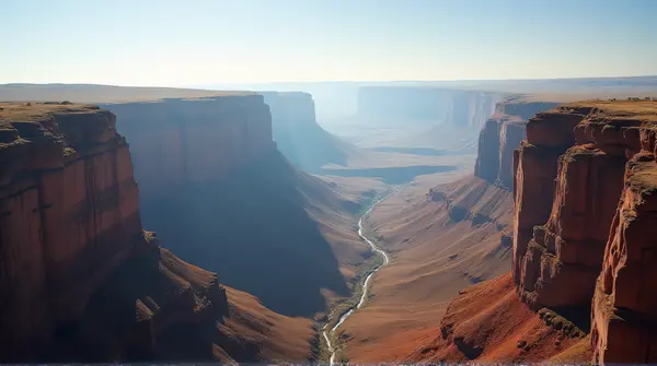 Layered cliffs extend across the horizon beneath a wide sky, sunlight casting shadows on rugged paths below.