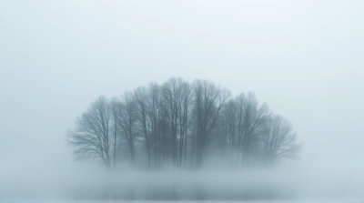 Leafless Gray Trees In Swirling Foggy Landscape