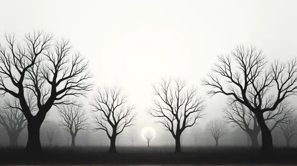 Dark leafless tree trunks and limbs horizontally aligned under a softly lit bright sky.