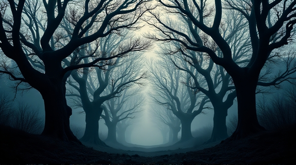 Dark outlines of leafless trees with twisting limbs forming a dense pattern in soft light