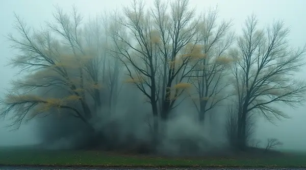 Close-up of dense leafy branches partially hidden by swirling vapor from ground perspective