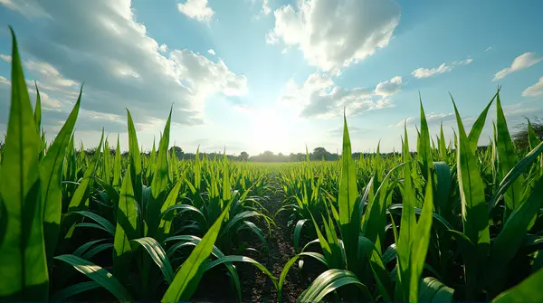Wide-angle view of tall leafy plants bathed in sunlight with shadows under a bright sky