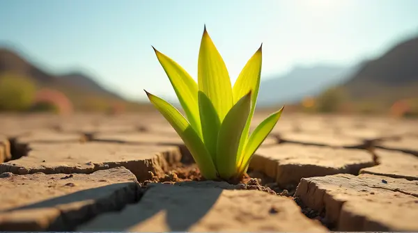 Leafy Plant Emerging From Cracked Dry Soil