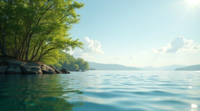 Leafy Plants Beside Shimmering Lake With Ripples