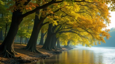 Leafy Trees With Vibrant Foliage By Riverbank