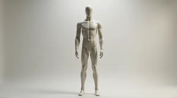 Lifelike mannequin standing upright with soft shadows against a neutral studio backdrop