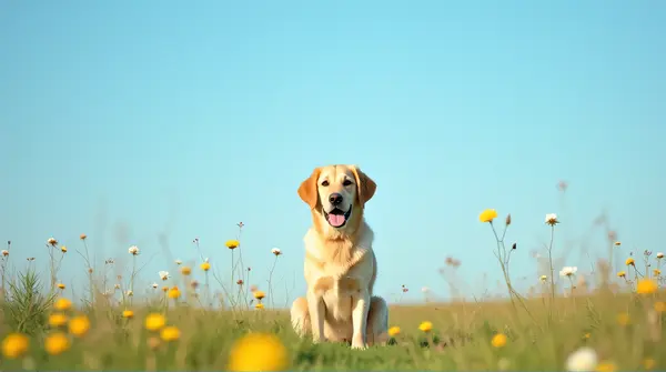 Light-colored dog sitting in a meadow surrounded by wildflowers under a clear blue sky