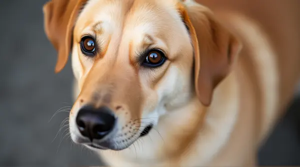 Close-up of a light tan dog with soft fur and expressive eyes against a blurred background