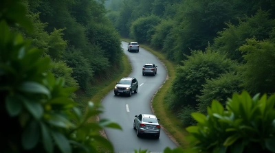 Light Vehicles Traveling Along Curved Green Pathway