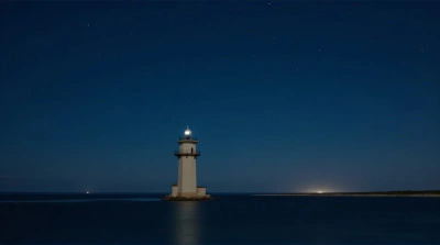Lighthouse by Quiet Lake Under Starry Sky