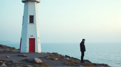 Lighthouse With Person On Rocky Shoreline At Daylight