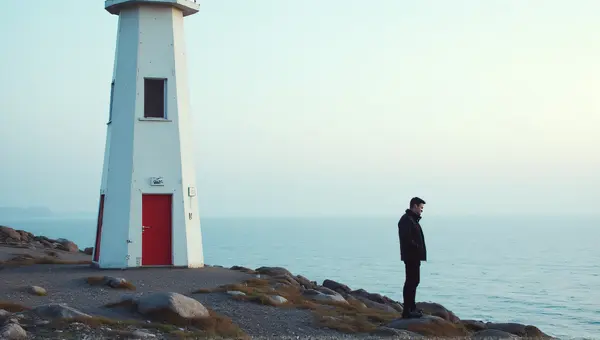 Lighthouse With Person On Rocky Shoreline At Daylight