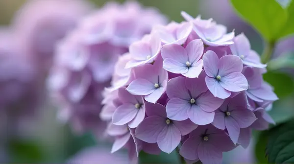 Cluster of lilac hydrangea blossoms with soft bokeh background emphasizing petal texture
