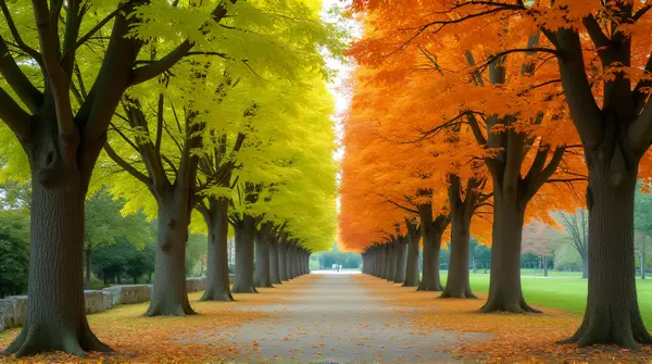 Vibrant lime and amber-leafed trees lining a winding path with towering trunks and textured leaves