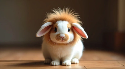 Lion-Head Rabbit With Fluffy Mane On Wooden Floor