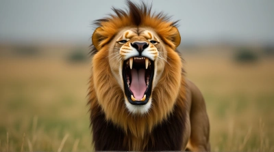 Lion With Open Mouth Roaring In Grass