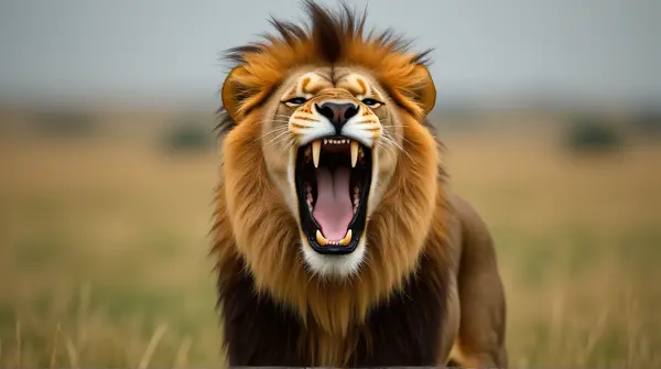 Lion With Open Mouth Roaring In Grass
