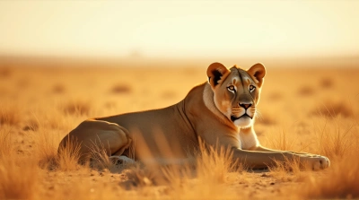 Lion Relaxing On Dry Golden Landscape